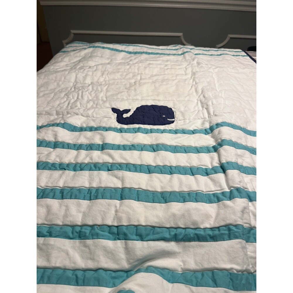 Pottery Barn Kids Hamptons Whale White Teal Baby Blue Toddler Crib Quilt 36x50”